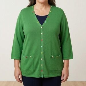 Christopher &‎ Banks Cardigan Womens Large Green Snap Front Polka Dot Trim Knit